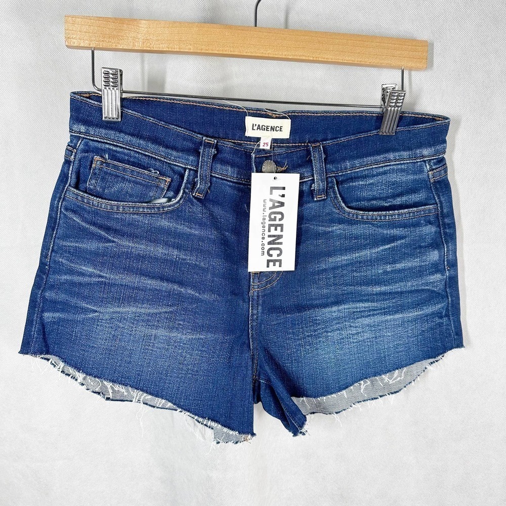L’AGENCE Audrey Mid Rise Blue Denim Raw Hem Fray Short Size 25